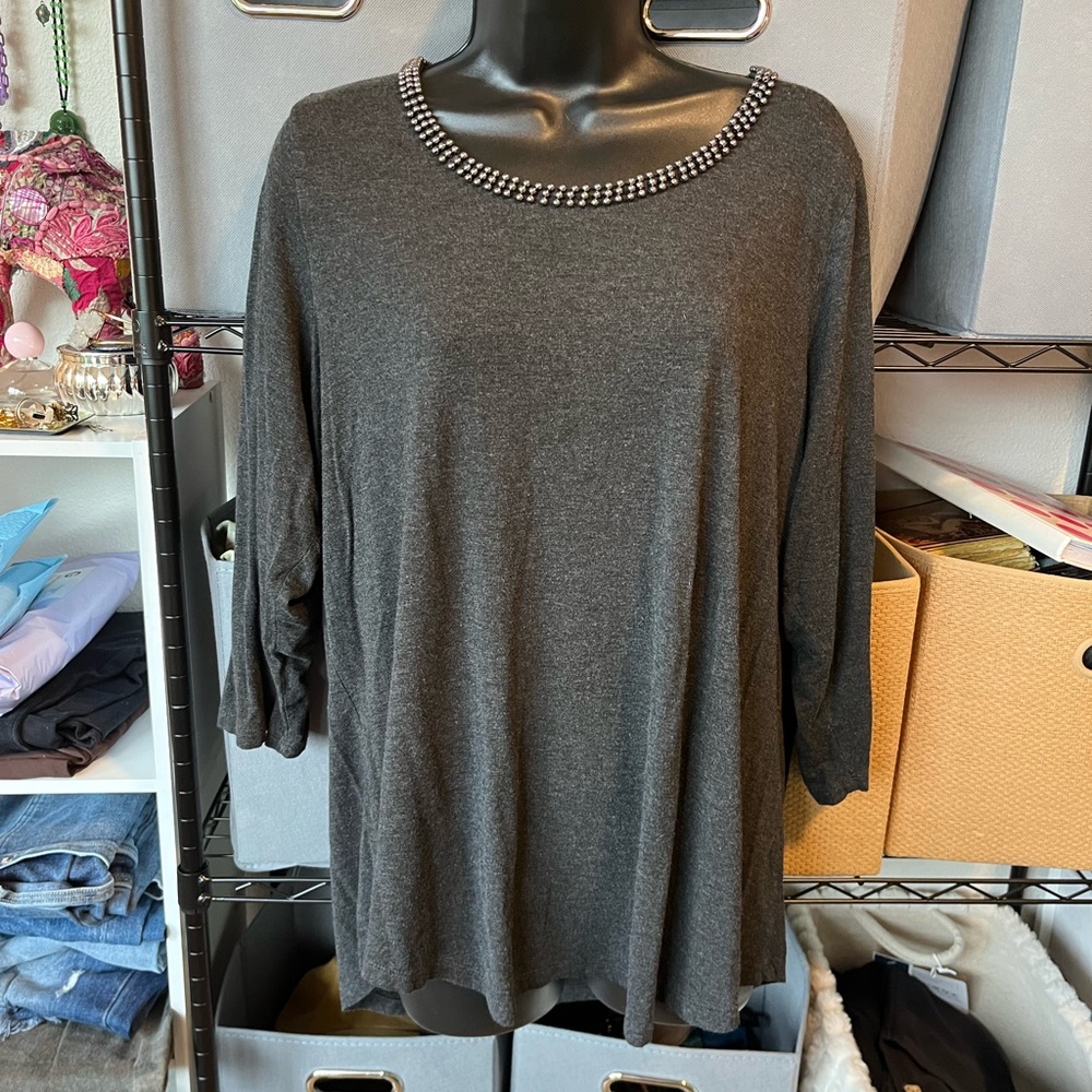 Cable & Gauge Dark Gray Jeweled-Neck Knit Tunic